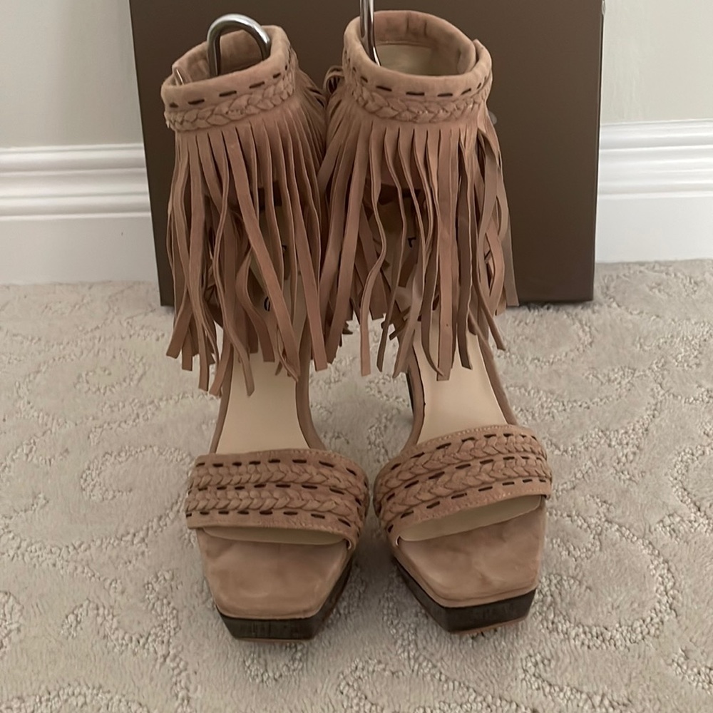 Tan Fringed Ankle Strapped Stilettos